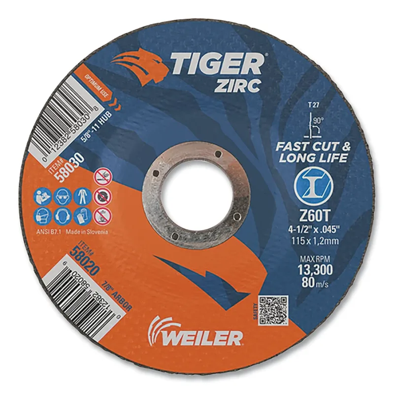 Tiger® Zirc Cutting Wheel, 4-1/2 in dia, 0.045 in Thick, 7/8 in Arbor, Zirconia Alumina, Type 27, Z60T