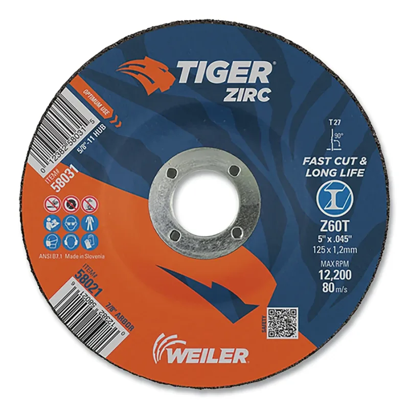 Tiger® Zirc Cutting Wheel, 5 in dia, 0.045 in Thick, 7/8 in Arbor, Zirconia Alumina, Type 27, Z60T