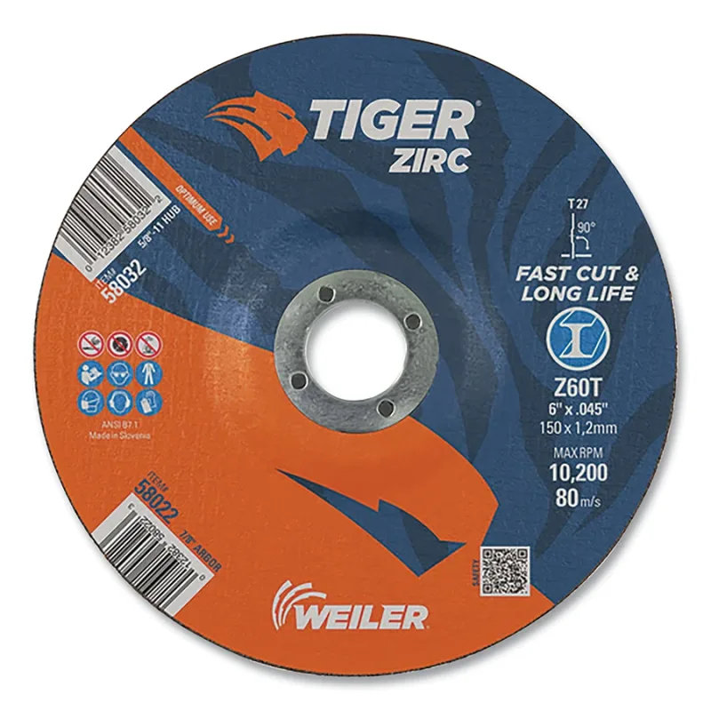 Tiger® Zirc Cutting Wheel, 6 in dia, 0.045 in Thick, 7/8 in Arbor, Zirconia Alumina, Type 27, Z60T