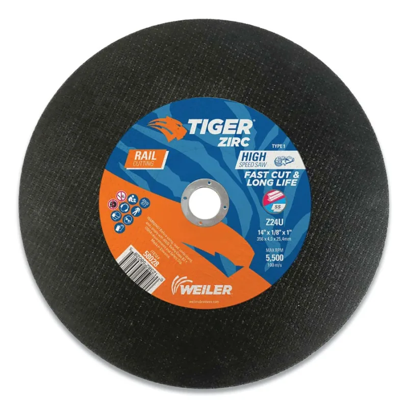 Tiger® Zirc Rail Type 1 High Speed Saw Large Cutting Wheel, 14 in dia x 1/8 in, 1 in Arbor Hole, Z24U