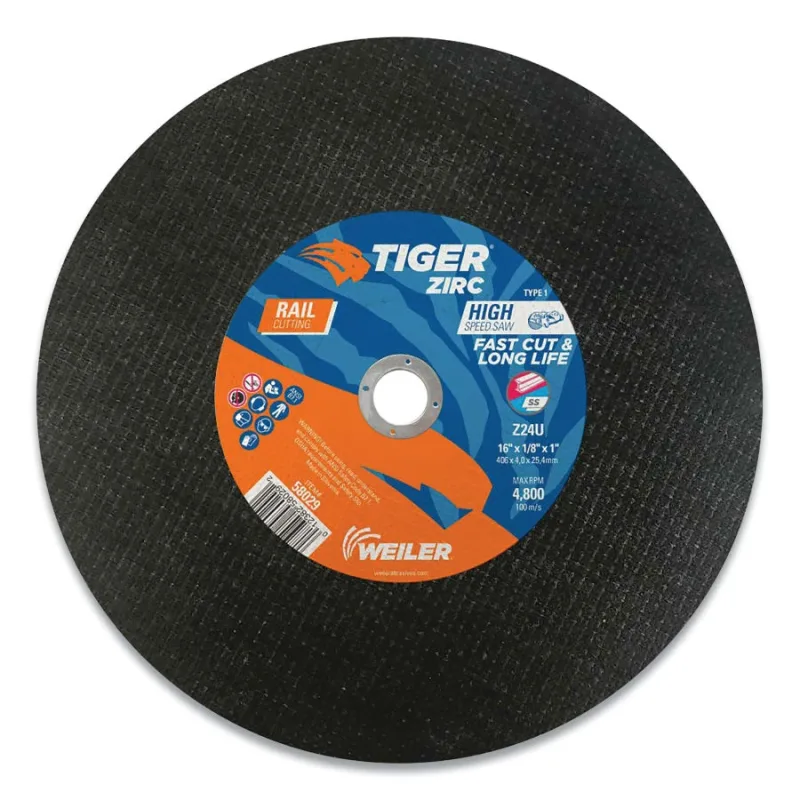 Tiger® Zirc Rail Type 1 High Speed Saw Large Cutting Wheel, 16 in dia x 1/8 in, 1 in Arbor Hole, Z24U
