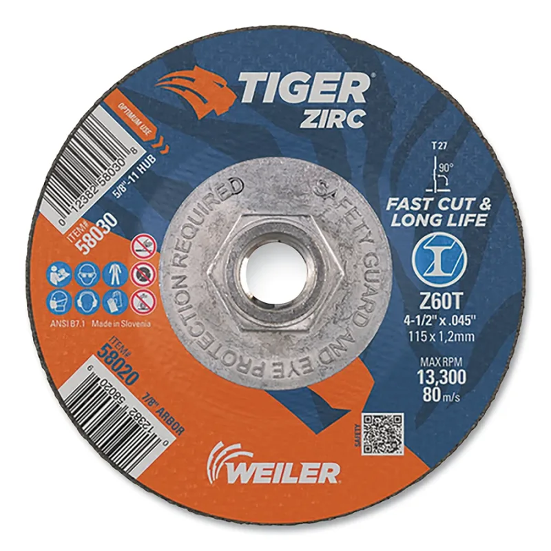Tiger® Zirc Cutting Wheel, 4-1/2 in dia, 0.045 in Thick, 5/8 in-11 UNC Arbor, Zirconia Alumina, Type 27, Z60T