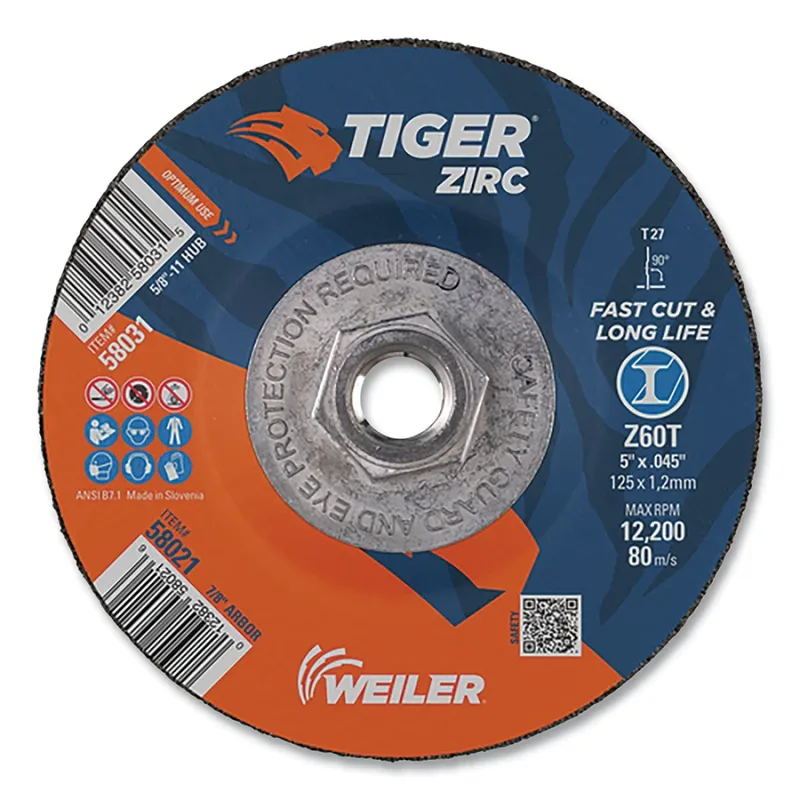 Tiger® Zirc Cutting Wheel, 5 in dia, 0.045 in Thick, 5/8 in-11 UNC Arbor, Zirconia Alumina,Type 27, Z60T