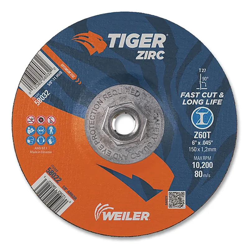 Tiger® Zirc Cutting Wheel, 6 in dia, 0.045 in Thick, 5/8 in-11 UNC Arbor, Zirconia Alumina, Type 27, Z60T