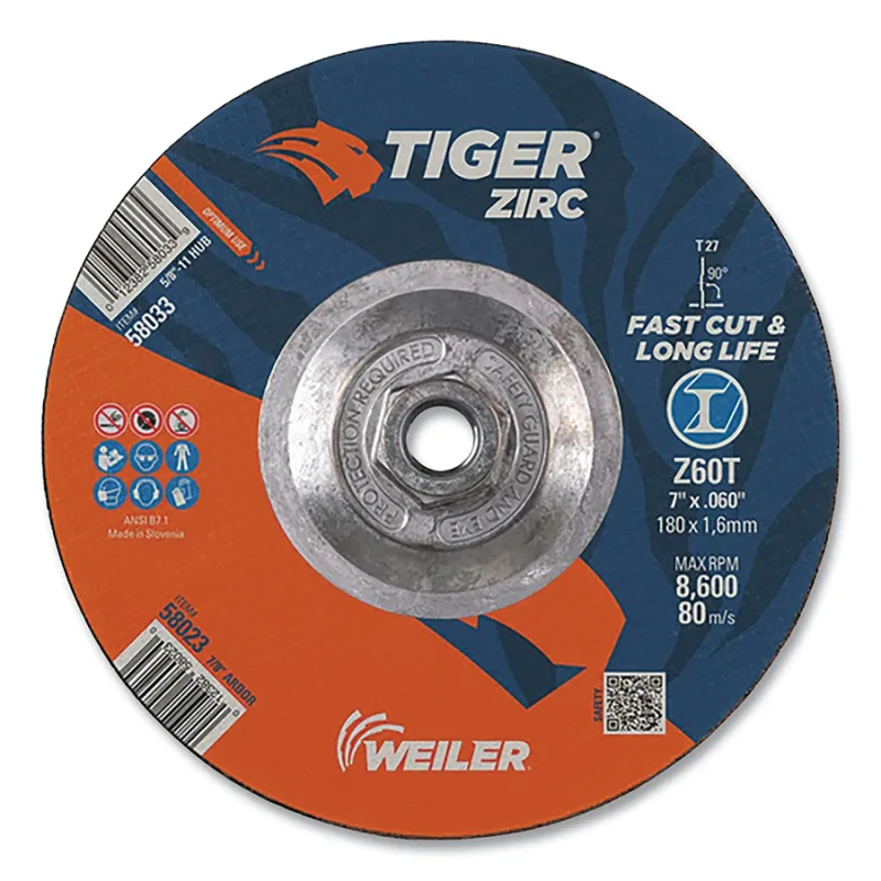 Tiger® Zirc Cutting Wheel, 7 in dia, 0.060 in Thick, 5/8 in-11 UNC Arbor, Zirconia Alumina,Type 27, Z60T