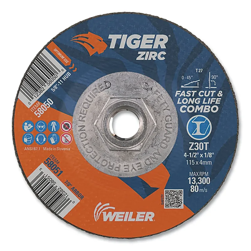 Tiger® Zirc Type 27 Cut/Grind Combo Wheel, 4-1/2 in dia x 1/8 in Thick, 5/8 in-11 dia Arbor, Z30T