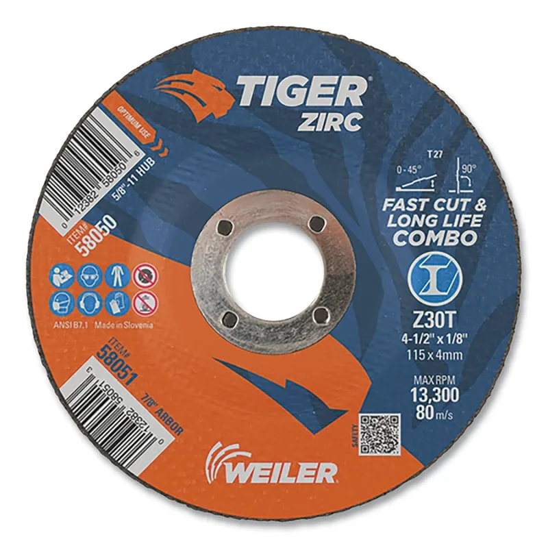 Tiger® Zirc Type 27 Cut/Grind Combo Wheel, 4-1/2 in dia, 1/8 in thick, 7/8 in dia arbor, Grit 30, Zirconia Alumina