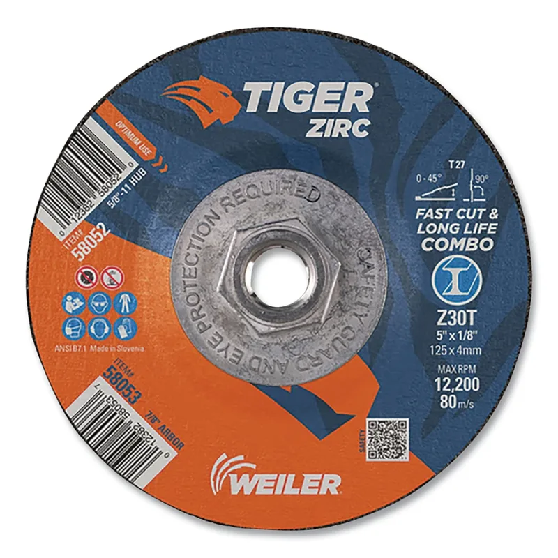 Tiger® Zirc Type 27 Cut/Grind Combo Wheel, 5 in dia, 1/8 in thick, 5/8 in -11 dia arbor, Grit 30, Zirconia Alumina