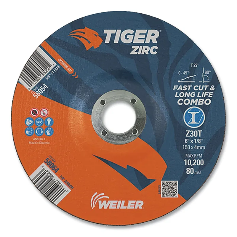 Tiger® Zirc Type 27 Cut/Grind Combo Wheel, 6 in dia x 1/8 in Thick, 7/8 in dia Arbor, Z30T