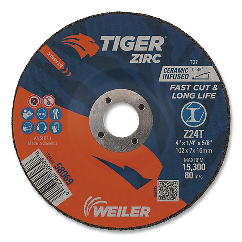 Tiger® Grinding Wheel, 4 in dia, x 1/4 in Thick, 5/8 in Arbor, 24 Grit, Zirconia/Ceramic Alumina, Type 27