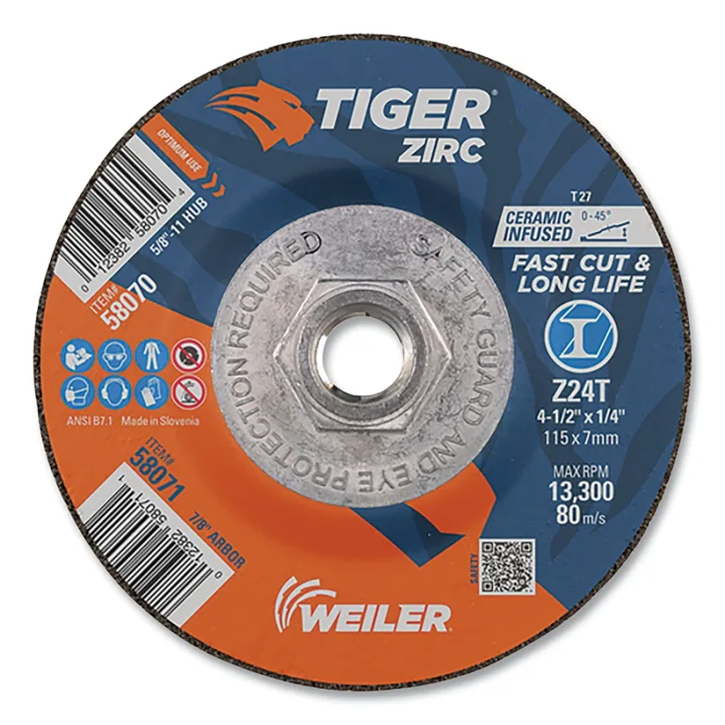 Tiger® Grinding Wheel, 4-1/2 in dia x 1/4 in Thick x 5/8 in-11 Arbor, 24 Grit, Zirconia Alumina/Ceramic, Type 27, 10 EA/PK