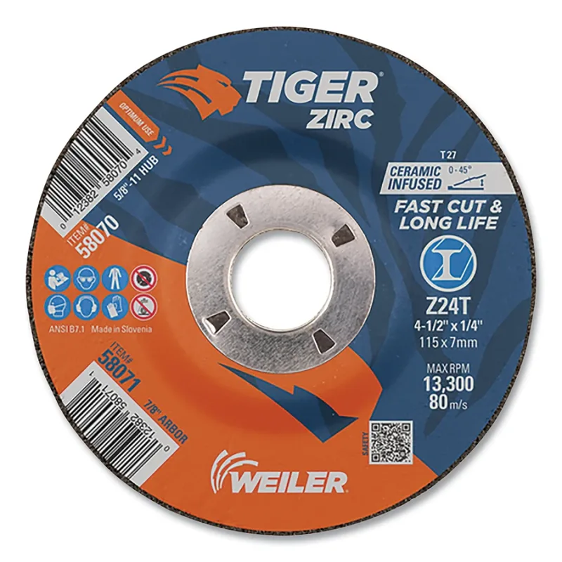 Tiger® Grinding Wheel, 4-1/2 in dia x 1/4 in Thick x 7/8 in Arbor, 24 Grit, Zirconia Alumina/Ceramic, Type 27, 10 EA/PK