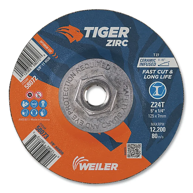 Tiger® Grinding Wheel, 5 in dia x 1/4 in Thick x 5/8 in-11 Arbor, 24 Grit, Zirconia Alumina/Ceramic, Type 27, 10 EA/PK