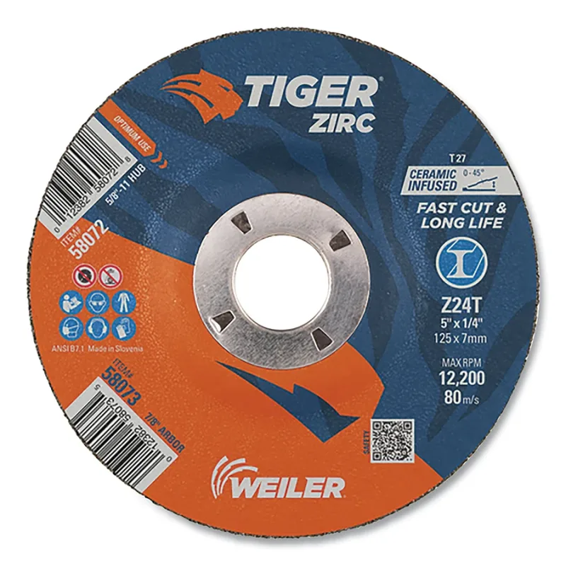 Tiger® Grinding Wheel, 5 in dia x 1/4 in Thick x 7/8 in Arbor, 24 Grit, Zirconia Alumina/Ceramic, Type 27, 10 EA/PK