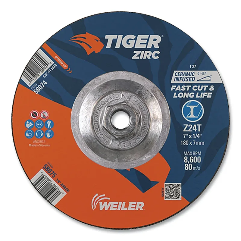 Tiger® Grinding Wheel, 7 in dia x 1/4 in Thick x 5/8 in-11 Arbor, 24 Grit, Zirconia Alumina/Ceramic, Type 27, 10 EA/PK