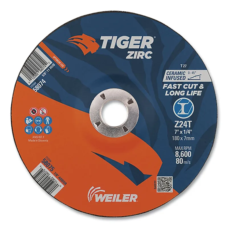 Tiger® Grinding Wheel, 7 in dia x 1/4 in Thick x 7/8 in Arbor, 24 Grit, Zirconia Alumina/Ceramic, Type 27, 10 EA/PK