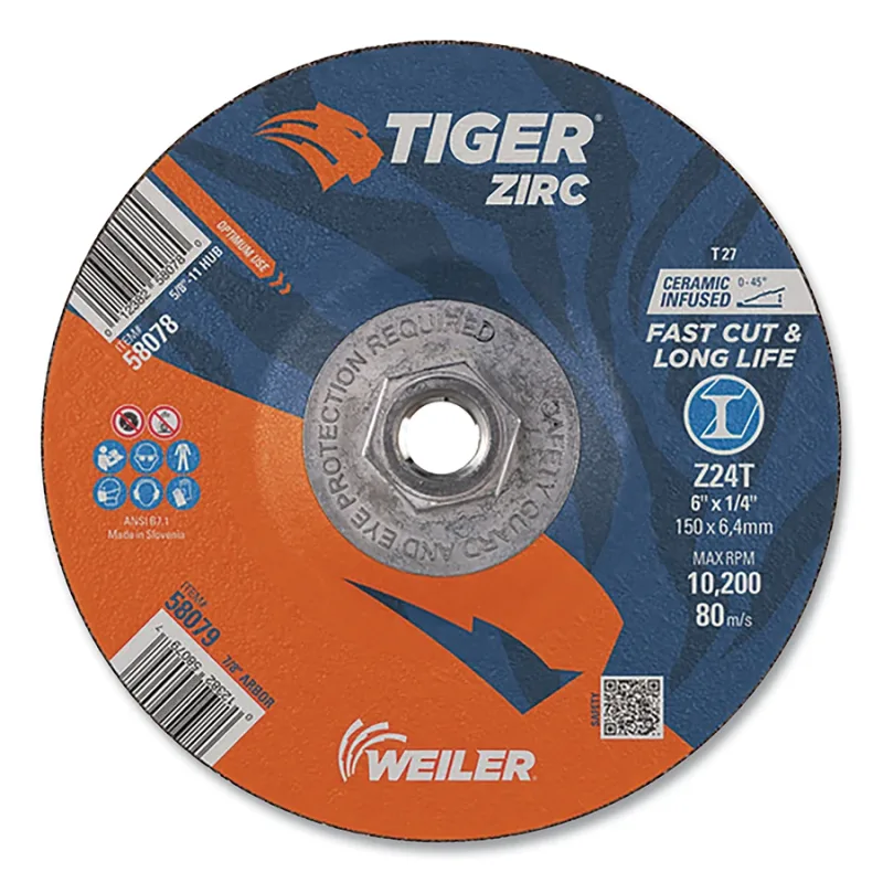 Tiger® Grinding Wheel, 6 in dia x 1/4 in Thick x 5/8 in-11 Arbor, 24 Grit, Zirconia Alumina/Ceramic, Type 27, 10 EA/BX