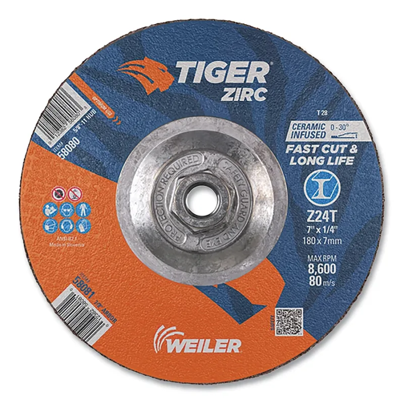 Tiger® Grinding Wheel, 7 in dia x 1/4 in Thick x 5/8 in-11 Arbor, 24 Grit, Zirconia Alumina/Ceramic, Type 28, 10 EA/BX