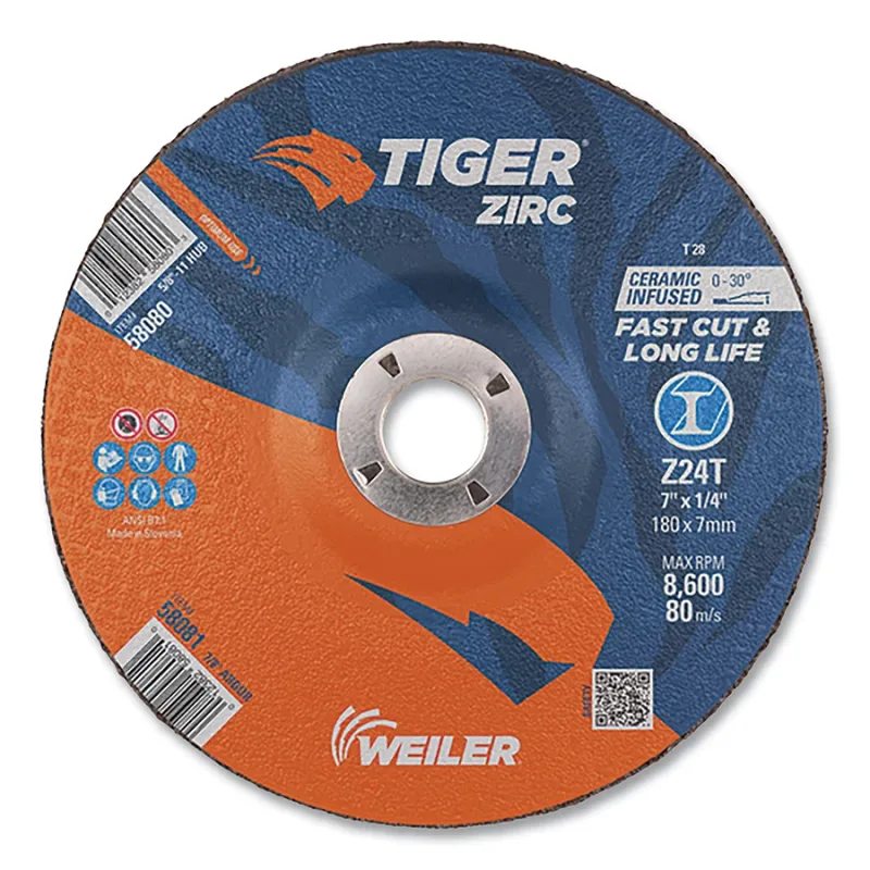 Tiger® Grinding Wheel, 7 in dia x 1/4 in Thick x 7/8 in Arbor, 24 Grit, Zirconia Alumina/Ceramic, Type 28, 10 EA/BX