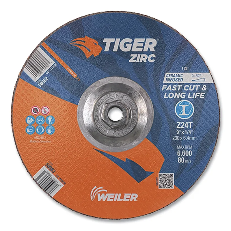 Tiger® Grinding Wheel, 9 in dia x 1/4 in Thick x 5/8 in-11 Arbor, 24 Grit, Zirconia Alumina/Ceramic, Type 28, 10 EA/BX