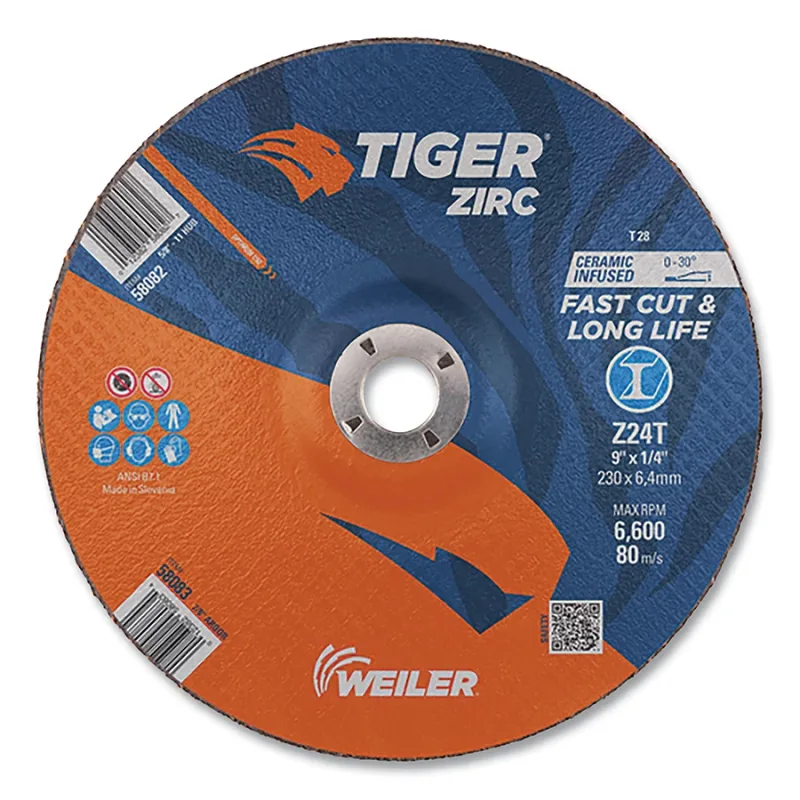 Tiger® Grinding Wheel, 9 in dia x 1/4 in Thick x 7/8 in Arbor, 24 Grit, Zirconia Alumina/Ceramic, Type 28, 10 EA/BX