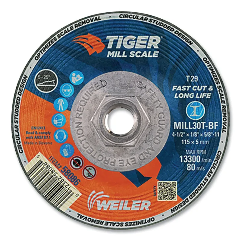 Tiger® Mill Scale Grinding Wheel, MILL30T, Type 29, 4-1/2 in dia x 1/8 in Thick x 5/8 in-11 UNC, 30 Grit, 13300 RPM