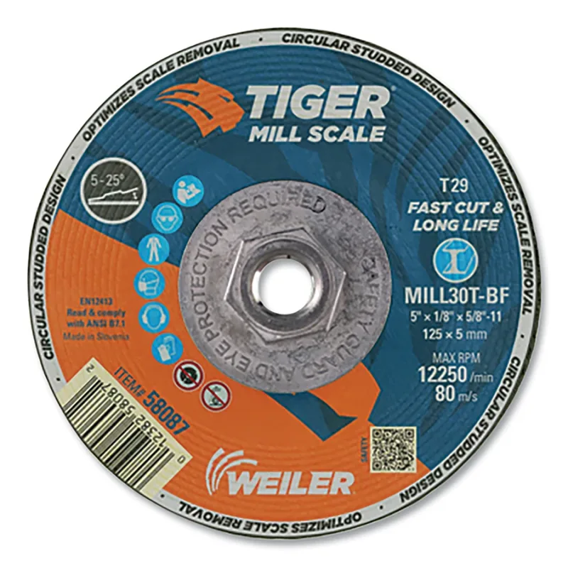 Tiger® Mill Scale Grinding Wheel, MILL30T, Type 29, 5 in dia x 1/8 in Thick x 5/8 in-11 UNC, 30 Grit, 12200 RPM