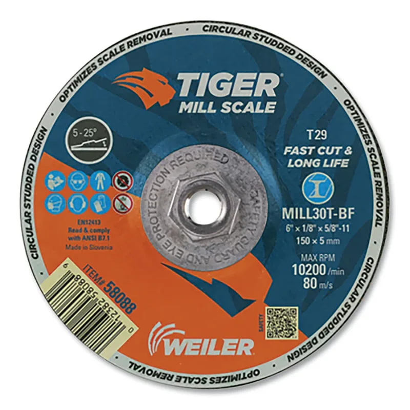 Tiger® Mill Scale Grinding Wheel, MILL30T, Type 29, 6 in dia x 1/8 in Thick x 5/8 in-11 UNC, 30 Grit, 10200 RPM