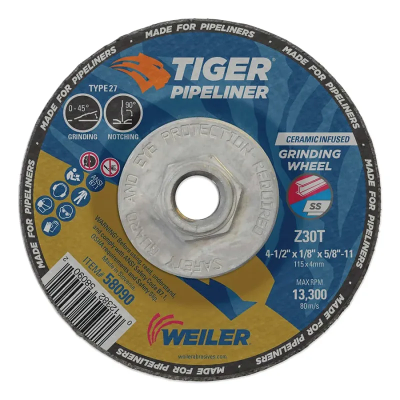 Tiger® Pipeliner Grinding Wheel, 4-1/2 in dia X 1/8 in Thick x 5/8 in-11 Hub, Z30T, Type 27