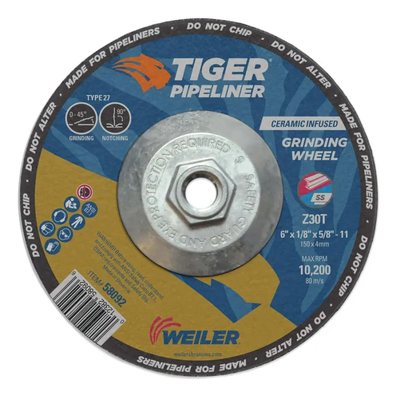 Tiger® Pipeliner Grinding Wheel, 6 in dia X 1/8 in Thick x 5/8 in-11 Hub, Z30T, Type 27