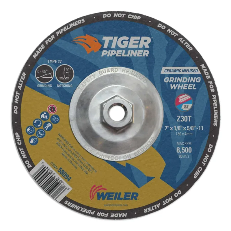 Tiger® Pipeliner Grinding Wheel, 7 in dia X 1/8 in Thick x 5/8 in-11 Hub, Z30T, Type 27