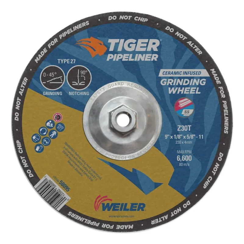 Tiger® Pipeliner Grinding Wheel, 9 in dia X 1/8 in Thick x 5/8 in-11 Hub, Z30T, Type 27