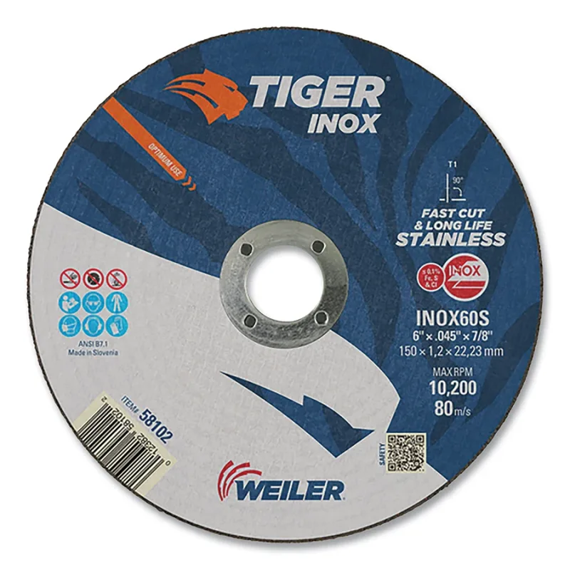 Tiger® Inox Thin Cutting Wheel, 6 in Dia, .045 in Thick, 7/8 in Arbor