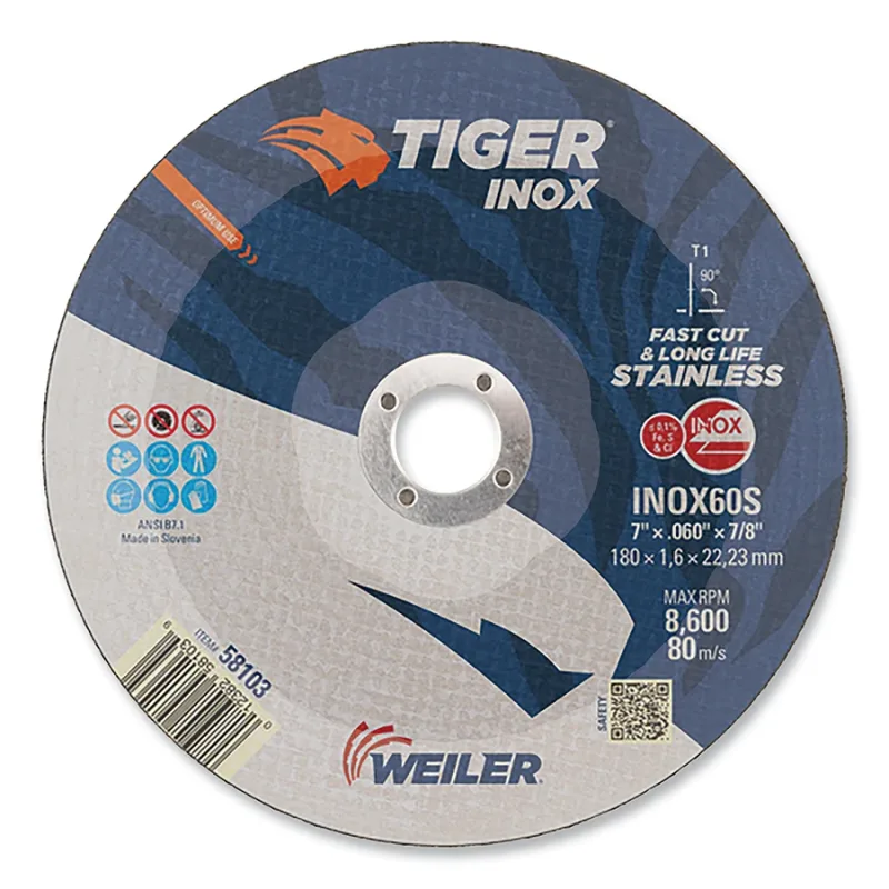 Tiger® Inox Thin Cutting Wheel, Type 1, 7 in Diameter, 0.060 in Thick, 7/8 in Arbor