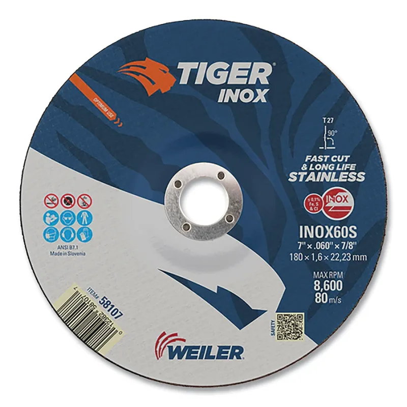 Tiger Inox Thin Cutting Wheels, Type 27, 7 in Dia., 0.045 in Thick, 7/8 in Arbor