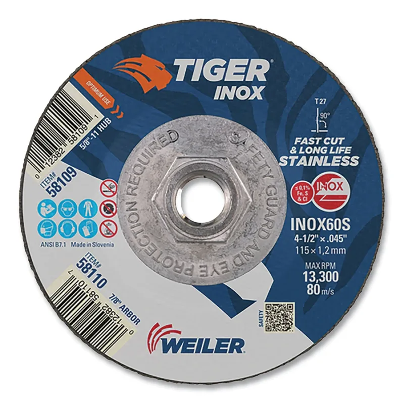 Tiger™ Inox Thin Cutting Wheel, 4.5 in Diameter., 0.045" Thick, 60 Grit, Aluminum Oxide