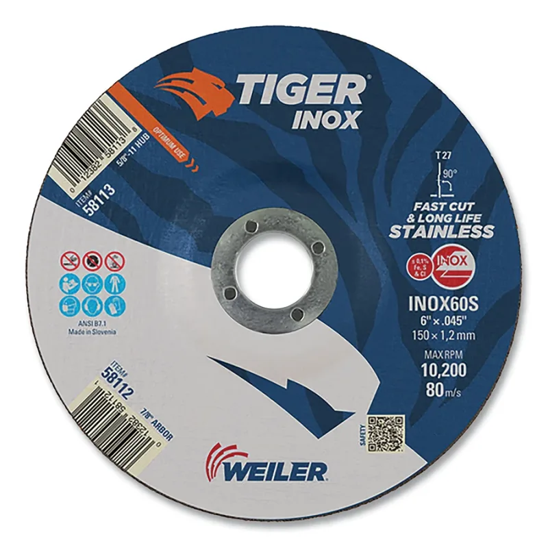 6 in x 0.045 in TIGER INOX Type 27 Cutting Wheel, INOX60S, 7/8 in Arbor Hole