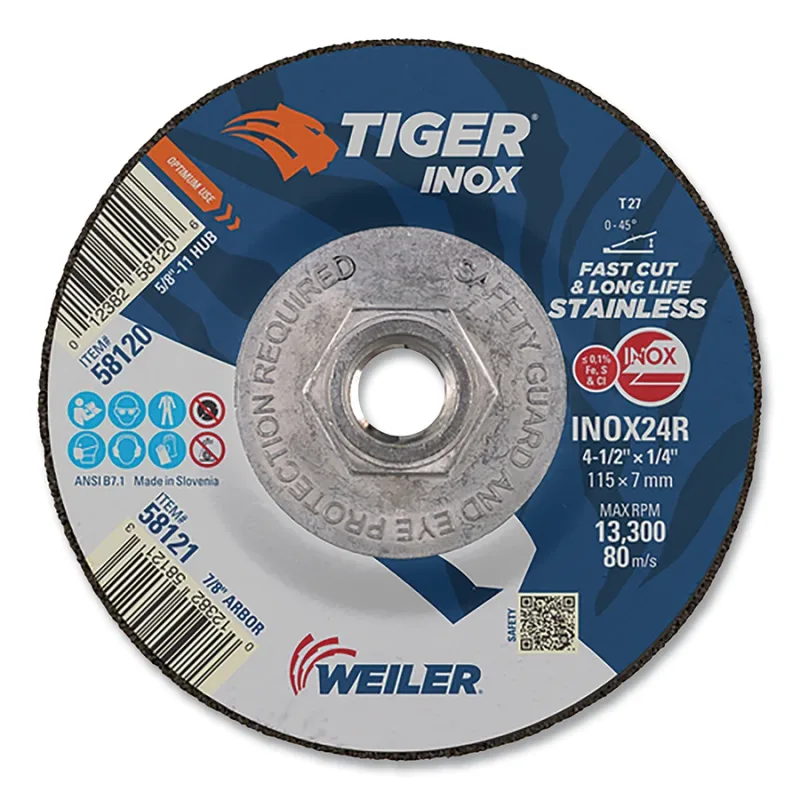 Tiger® Inox Grinding Wheel, 4-1/2 in Dia, 1/4 in Thick, 5/8 in-11 Arbor