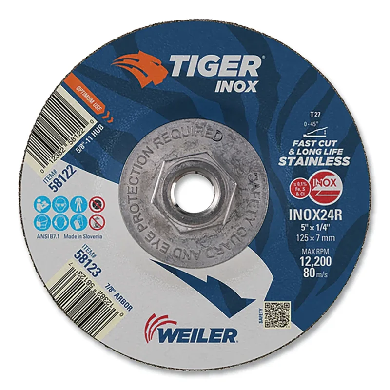 5 in x 1/4 in TIGER INOX Type 27 Grinding Wheel, INOX24R, 5/8 in-11 Nut