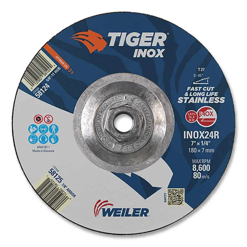 7 in x 1/4 in TIGER INOX Type 27 Grinding Wheel, INOX24R, 5/8 in-11 Nut