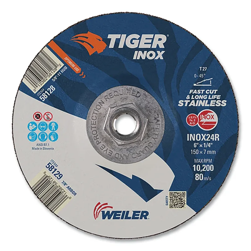Tiger® Inox Grinding Wheel, 6 in dia, 1/4 in Thick, 7/8 in Arbor, 24 Grit