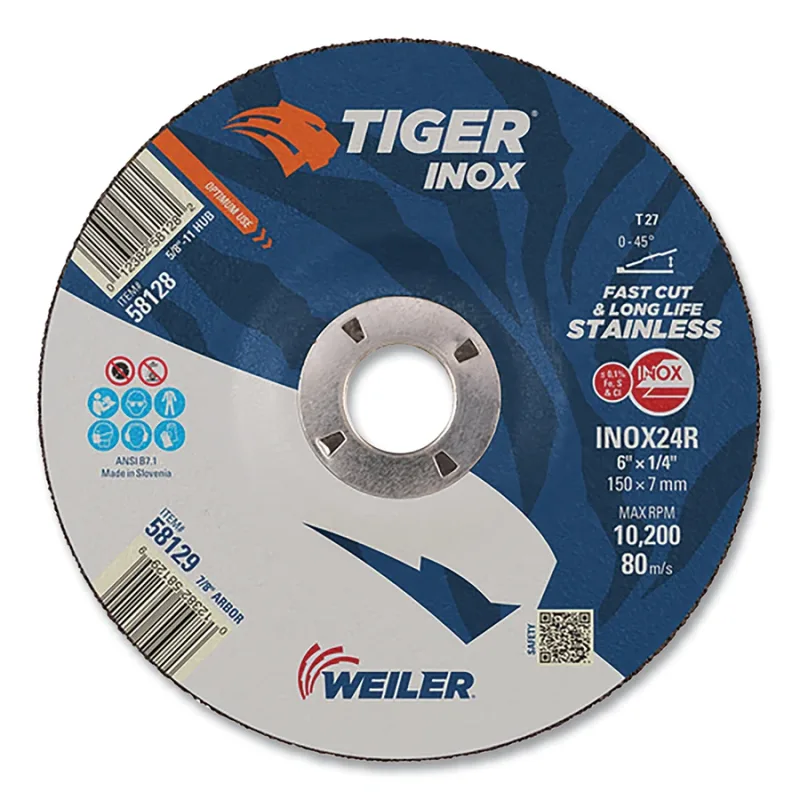 Tiger® Inox Grinding Wheel, 6 in dia, 1/4 in Thick, 5/8 in-11 Arbor, 24 Grit