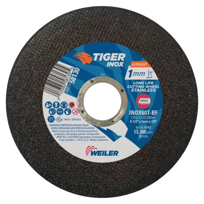 Tiger® INOX Ultracut Thin Cutting Wheel, 4-1/2 in dia, 1 mm Thick, 7/8 in Arbor, 60 Grit
