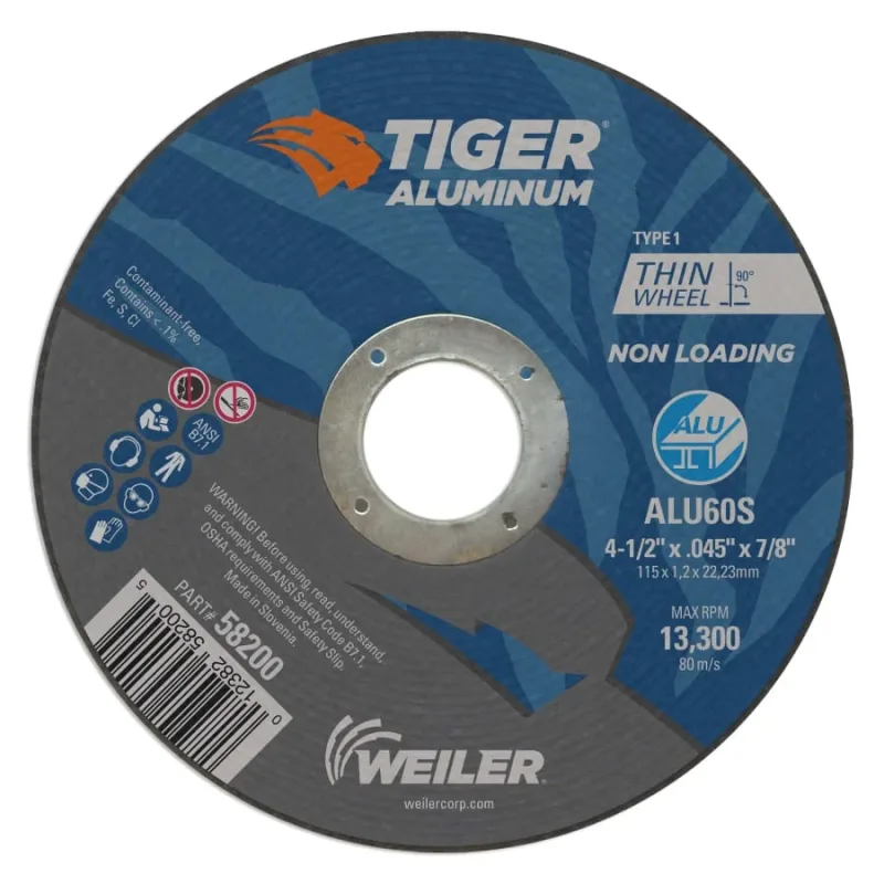 Aluminum Cutting Wheel, 4.5 in Diameter, 7/8 in Arbor, Type 1, 60 Grit, AO