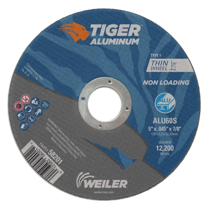 Aluminum Cutting Wheel, 5 in Diameter., 7/8 in Arbor, Type 1, 60 Grit, AO