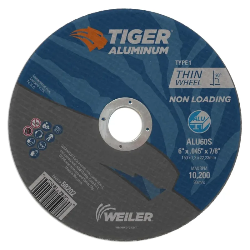 Aluminum Cutting Wheels, 6 in Dia., 7/8 in Arbor, Type 1, 60 Grit, Alum. Oxide