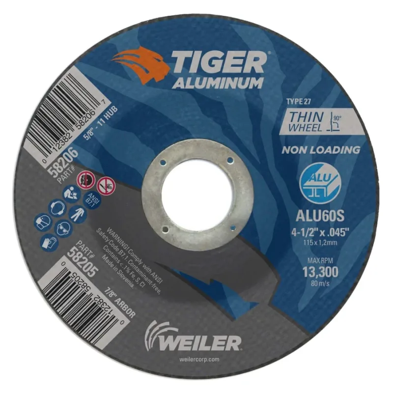 Aluminum Cutting Wheel, 4.5 in Diameter, 7/8 in Arbor, Type 27, 60 Grit, AO