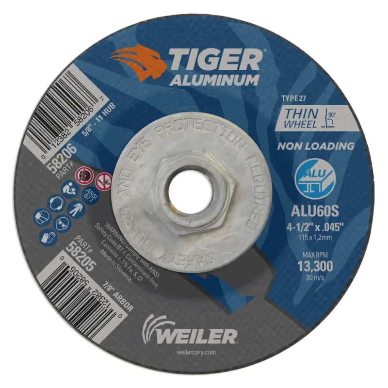 Aluminum Cutting Wheel, 4.5 in Diameter, 5/8 in Arbor, Type 27, 60 Grit, AO