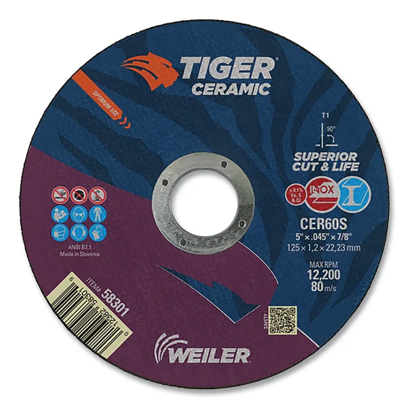 Tiger™ Ceramic Cutting Wheel, Type 1, 5 in Diameter., 0.045 in Thick, 7/8 in Arbor