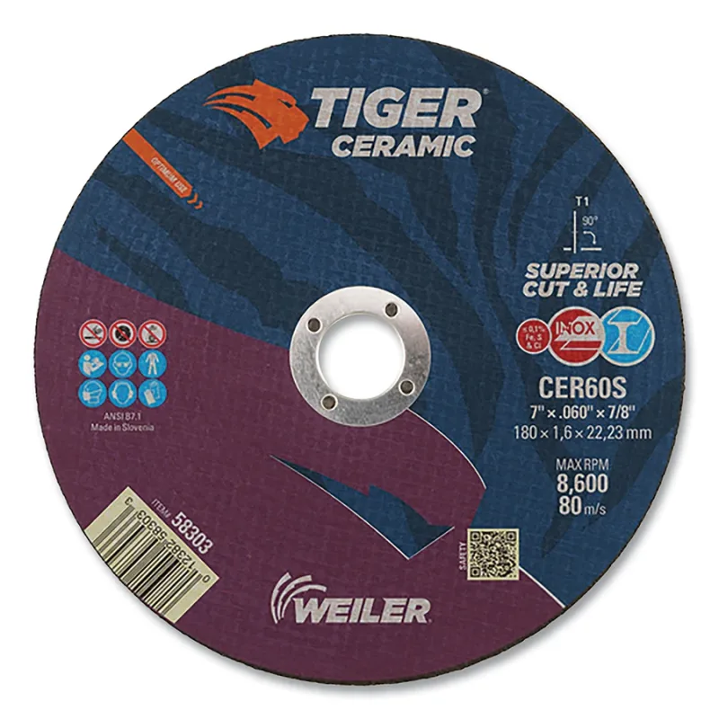 Tiger Ceramic Cutting Wheels, Type 1, 7 in Dia., 0.06 in Thick, 7/8 in Arbor